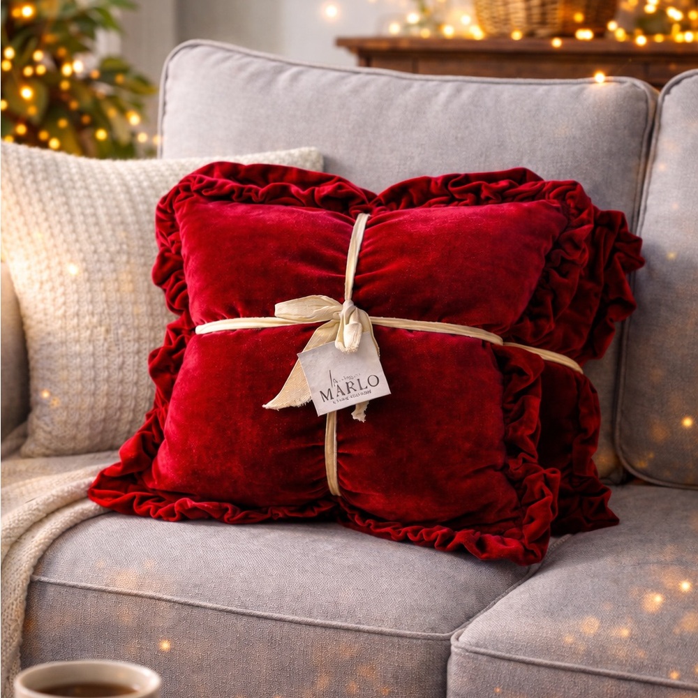 ♥️Love Marlow Set of 2 large Ruffled Edge Richly Colored Red Velvet Pillows